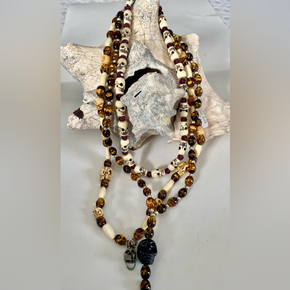 3 new! handmade Men scull bone glass and onyx necklaces